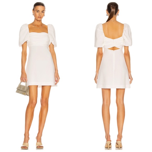 cinq a sept Dresses & Skirts - Cinq a Sept Odele White Puff Sleeve Mini Dress Women’s Size 10 Ruched Bodice